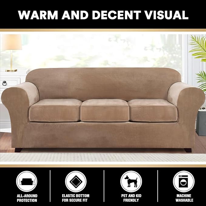 PrinceDeco Velvet XL Couch Cover for Oversized Sofa 4 Piece Sofa Covers for 3 Cushion Couch Washable Furniture Protector with Non Slip Elastic Bottom Width Up to 97 Inch(X-Large, Camel)