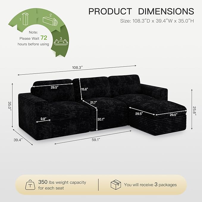 Belffin Boneless Cloud Modular Sectional Sofa 3-Seater L Shaped Couch with Ottoman Convertible Sofa Bed Plush Corduroy Cloud Sectional Couches for Living Room. Black Sofa