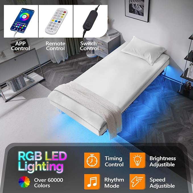 VINGLI 14 Inch Twin Floating Bed Frame with USB Charging Station/LED Lights, Single Platform Bed Foudation Base Heavy Duty Metal Slat, No Box Spring Needed,Black