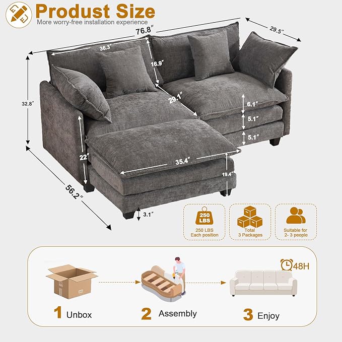 Cloud Chenille L-Shaped Sofa with Ottoman, 77" Space Saving Sectional Loveseat with Chaise, Couch for Small Spaces, Easy Assembly, 1YR Warranty