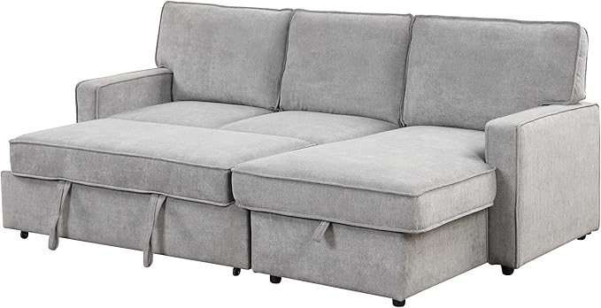 LUMISOL 89" Convertible Sleeper Sofa Bed, Modern L-Shaped Sectional Sofa with Storage Chaise, Chenille Pull Out Couch Bed with Cup Holders & Charging Station for Living Room, Gray