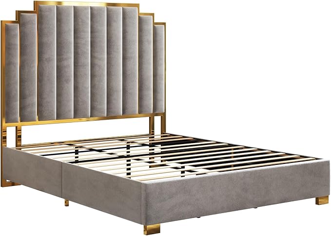 AMERLIFE California King Size Upholstered Bed, Modern Velvet Bed Frame with 65.4” Tall Gold Trim Headboard, No Box Spring Needed, Grey