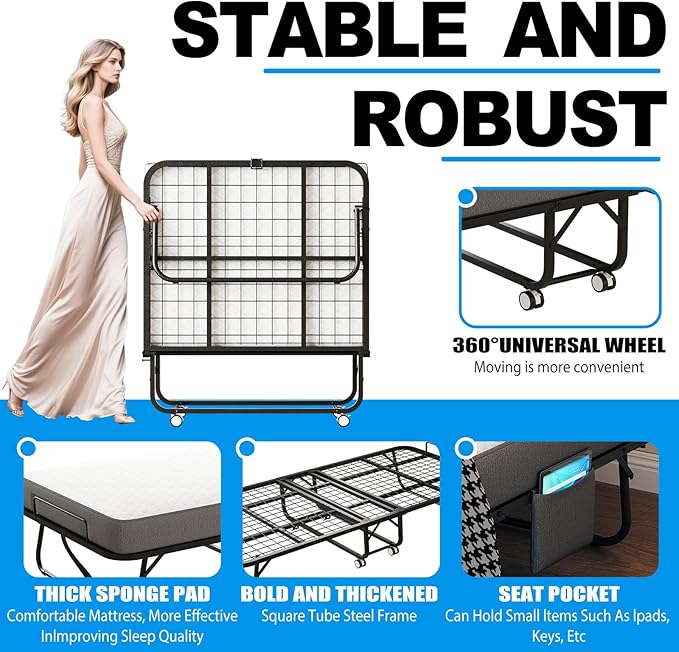 Folding Bed with Mattress for Adults, 75" x 38" Twin Size Rollaway Bed with Memory Foam Mattress, Portable Foldable Guest Bed with Metal Frame, Deluxe Single Bed for Side Storage Pocket