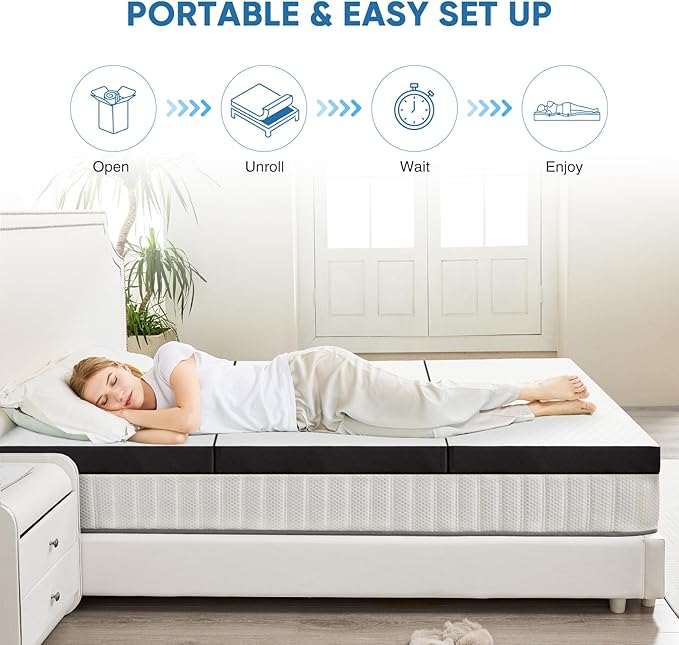 OLIXIS Tri-fold Memory Foam Mattress - 3 Inch TwinXL Size Portable Floor Bed, Foldable Mat for Adults, Collapsible and Washable Cover with CertiPUR-US Certified, for Travel & Camping & Yoga