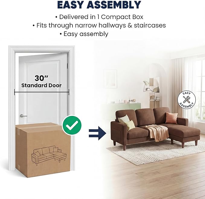 YESHOMY L-Shaped Sofa Couch, Small Couch with Reversible Chaise and Ottoman, Convertible Sectional Comfy 3 Seat Sofas with Side Pockets for Apartment and Living Room (Brown)