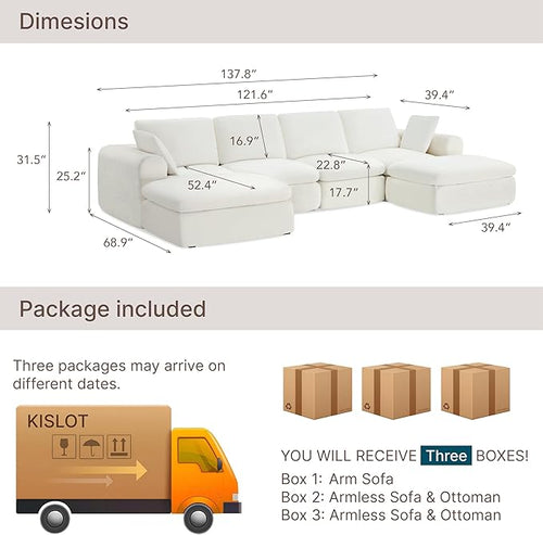 138" Boneless Cloud Couch Sectional No Assembly Required Modular Sofa with Deep Seat for Living Room U Shaped Couch with Ottoman Snowflake Fabric and Memory Sponge White