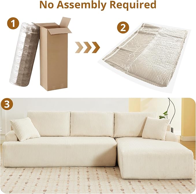 Sectional Cloud Boneless Couch 106" Modern Comfy L-Shape Corner No Assembly Required Convertible Compression Sleeper Modular Sofa with Corduroy Fabric Deep Seat Loveseat + Chaise for Living Room
