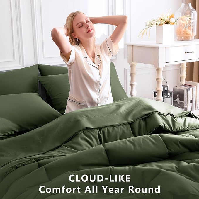 CozyLux Queen Comforter Set Olive Green, 7 Pieces Bed in a Bag, Green Comforters Queen Size, All Season Bedding Sets with Stitch Quilted Comforter, Flat Sheet, Fitted Sheet, Pillowcases