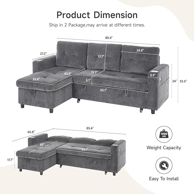 ONBRILL Sleeper Sofa,L-Shaped Sectional Sofa Bed with Storage Chaise,Tool-Free Assembly,Reversible 3 in 1 Pull Out Couch,Couches for Living Room,Apartment,Chenille,Grey