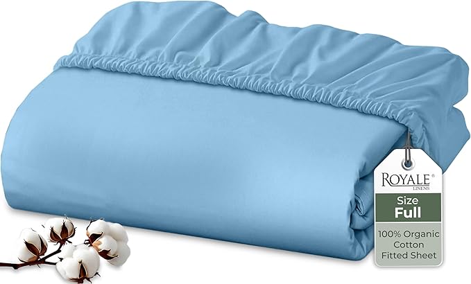 Royale Linens 100% Organic Cotton Fitted Sheet - Percale Weave - Super Soft Deep Pocket Bottom Sheets - Lake Blue Elastic Sheet Full Size - Full Fitted Sheets Only - (54"x75"+15", Lake Blue)