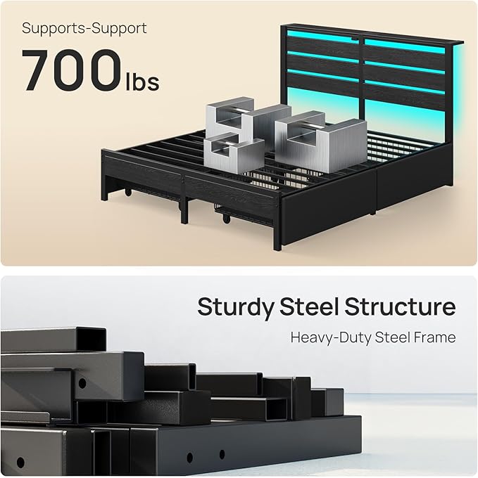 Rolanstar Full Size Bed Frame with 4 Drawers, LED Lights and Charging Station, Metal Platform Bed with Storage Headboard, Noise Free, Easy Assembly, No Box Spring Needed, Black