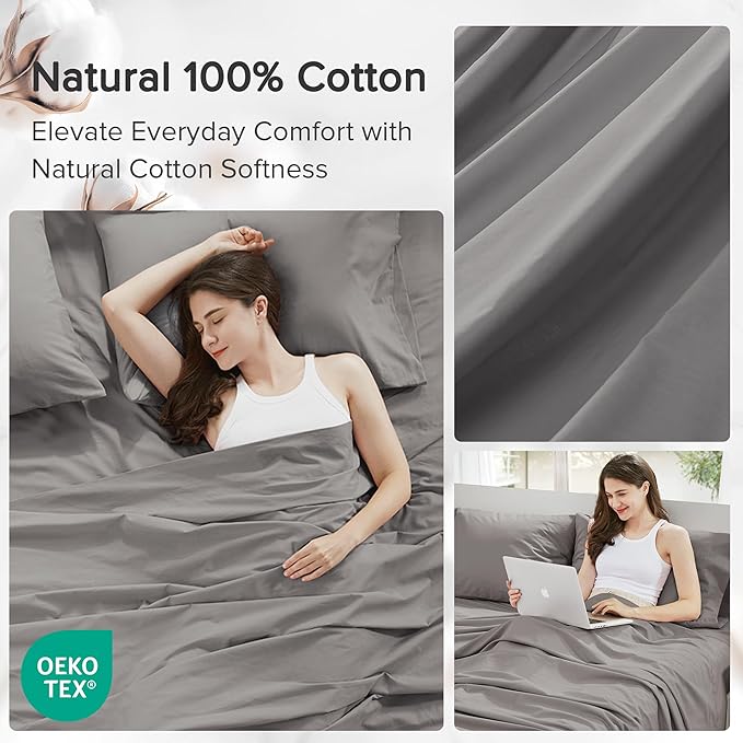 Comfort Spaces 100% Cotton Sheets King, Breathable & Ultra Soft Cotton Sheets, Naturally Cool Cotton Bed Sheets with 14" Elastic Pocket Fits up to 16" Mattress, All Season Sheet Set, Dark Gray 4 Piece