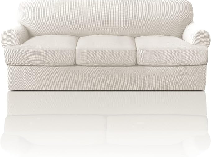 PrinceDeco T Cushion Sofa Slipcover 4 Pieces Sofa Covers for T Cushion Couch Soft Sofa Slip Covers Furniture Protector with 3 Individual T Shape Seat Covers (70"-88") Washable, Ivory