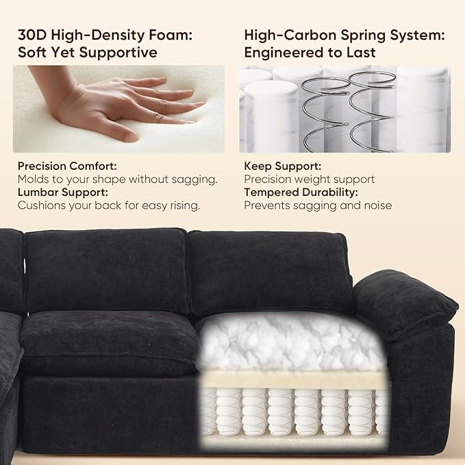 105.6”L Shape Modular Sectional Couch for Living Room, Modern Cloud Sectional 3 Seat Sofa with Oversized Chaise, Woven Texture Upholstery Boneless Couch (Black, Left Facing Chaise)
