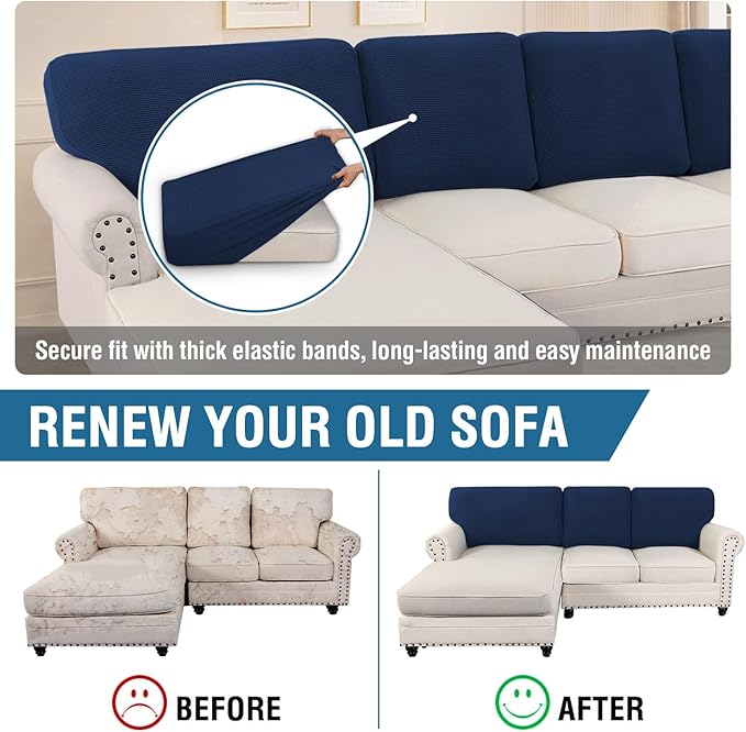 H.VERSAILTEX Backrest Cushion Covers Sectional Couch Back Cushion Covers for Sectional Sofa Set for Both Left/Right Couch (Back Only: 1 Chaise + 2 Sofa, Navy)