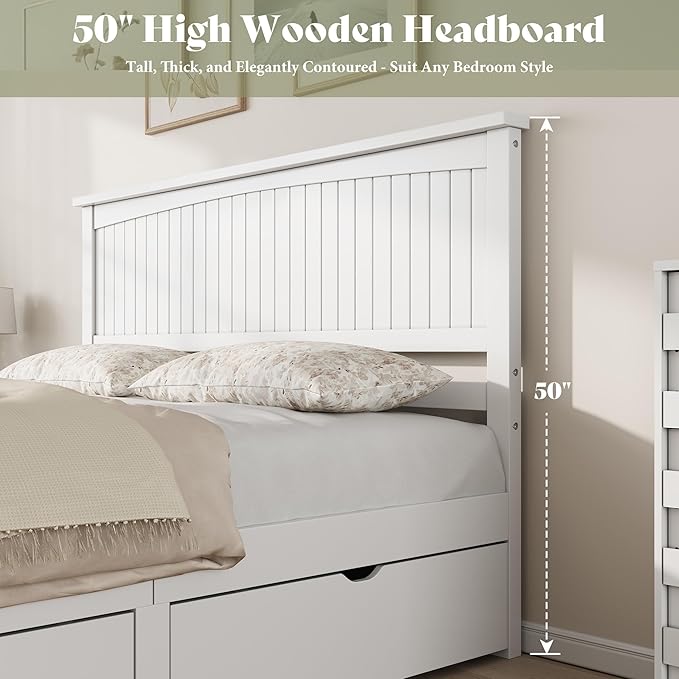 AMERLIFE Solid Wood Full Size Storage Bed Frame with Headboard, Platform Bedframe with 2 Storage Drawers, Beadboard Design & Wooden Slats/No Box Spring Needed/Noise-Free, Coastal White Finish