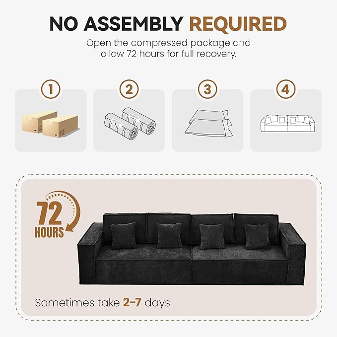 108'' Comfy Chenille Boneless Couch, Oversized Modular Sectional 4 Seater Sofa, Modern Deep Seat Corner Cloud Compressed Couch, No Assembly Sleeper Sofa with Chaise for Living Room, Black