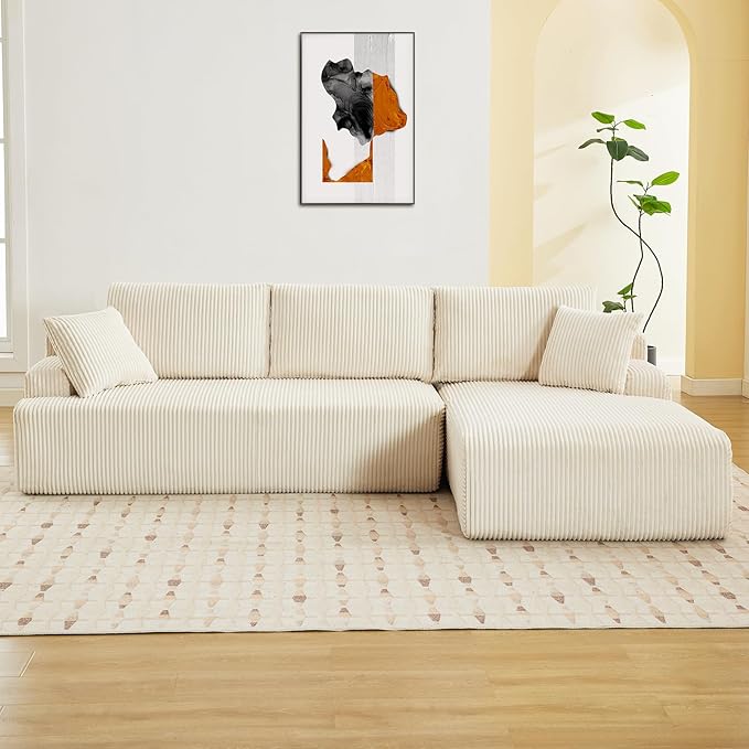 Sectional Cloud Boneless Couch 106" Modern Comfy L-Shape Corner No Assembly Required Convertible Compression Sleeper Modular Sofa with Corduroy Fabric Deep Seat Loveseat + Chaise for Living Room
