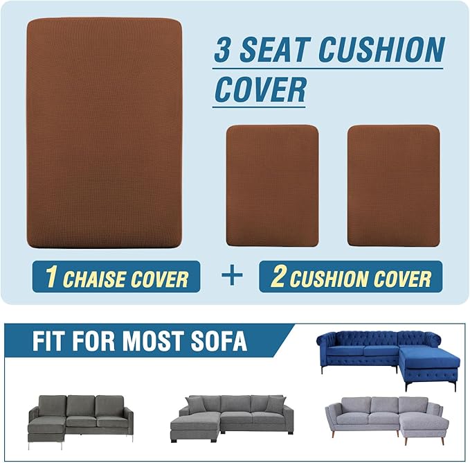 H.VERSAILTEX Sectional Couch Covers 3 Pieces Sofa Seat Cushion Covers L Shape Separate Cushion Couch Chaise Cover for Both Left/Right Sectional Couch (Seat Only: 1 Chaise + 2 Sofa, Caramel)