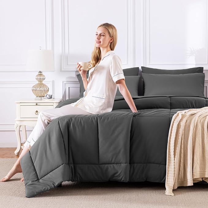 CozyLux Full Size Comforter Sets Dark Grey, 7 Pieces Bed in a Bag, Dark Grey Comforter Full Size, All Season Bedding Sets with Stitch Quilted Comforter, Flat Sheet, Fitted Sheet, Pillowcases