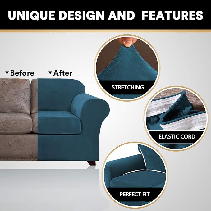 PrinceDeco Velvet Plush Couch Cover Stretch 2 Piece Chair Cover Chair Slipcover Washable Furniture Protector Couch Soft with Elastic Bottom Armchair Cover Width Up to 49 Inch(Small, Deep Teal)