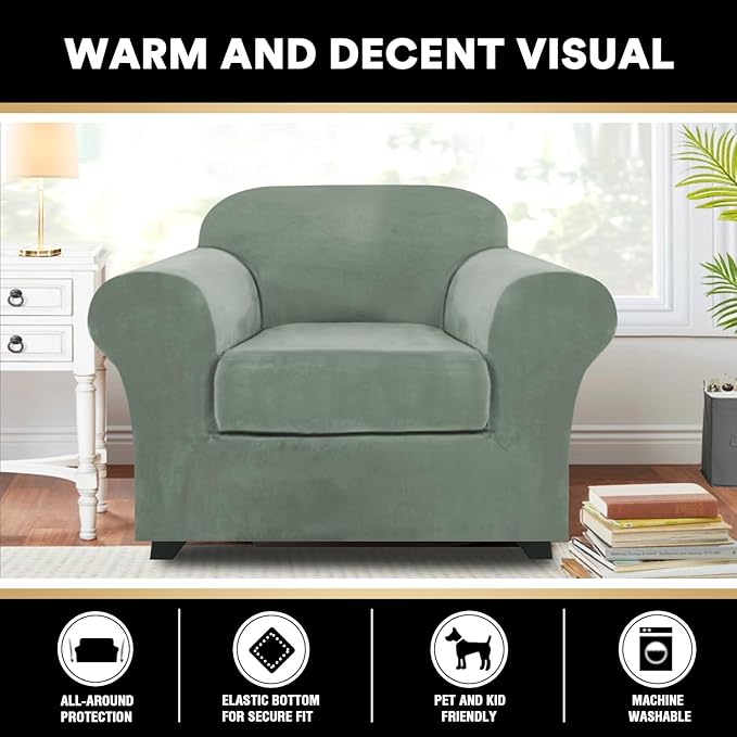 PrinceDeco Velvet Plush Couch Cover Stretch 2 Piece Chair Cover Chair Slipcover Washable Furniture Protector Couch Soft with Elastic Bottom Armchair Cover Width Up to 49 Inch(Small, Seagrass)