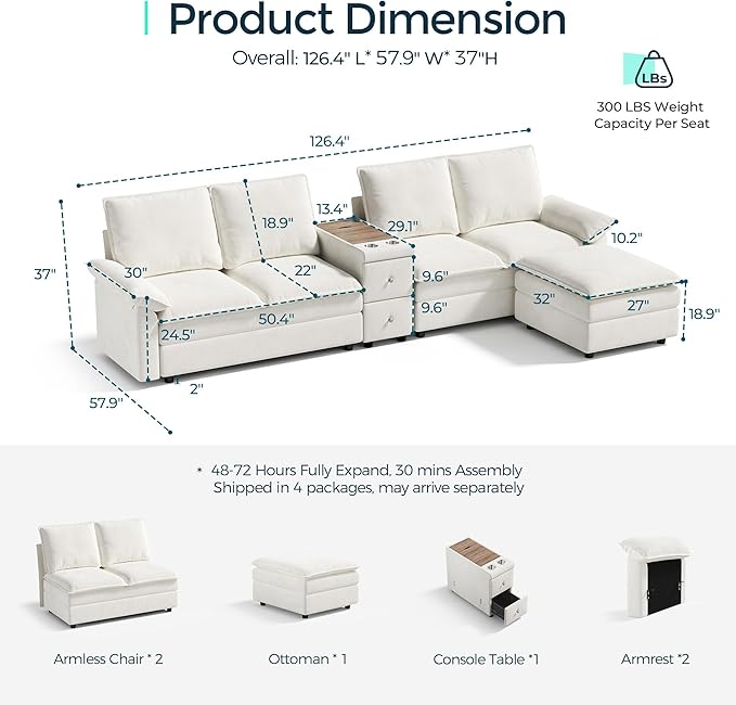 LINSY HOME Modular Sectional Couches, 115" L Shaped Cloud Sofa with Versatile Console, Chenille 4-Seat Sofa Set for Living Room, Apartment, Office, Beige