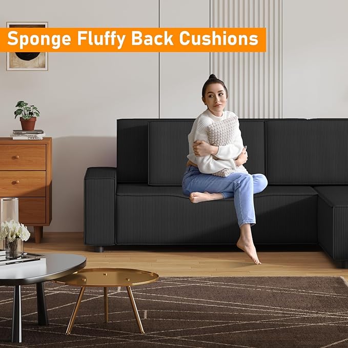 GAOMON Fine Stripe Corduroy Sectional Sofa, l Shaped Modern Corduroy Couch, Comfy Sofa Couch with Deep Chaise for Living Room, Apartment, Hotel, 96" w*61" d*32" h, Black