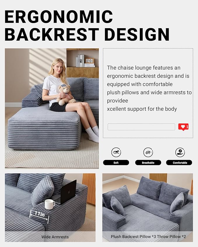 108" Cloud Sectional Couch,Modern Modular Sectional Sofa with Deep Seat,Corduroy Boneless Couches with L-Shape Chaise for Living Room,No Assembly Required (Grey, Right Facing Chaise + Ottoman)