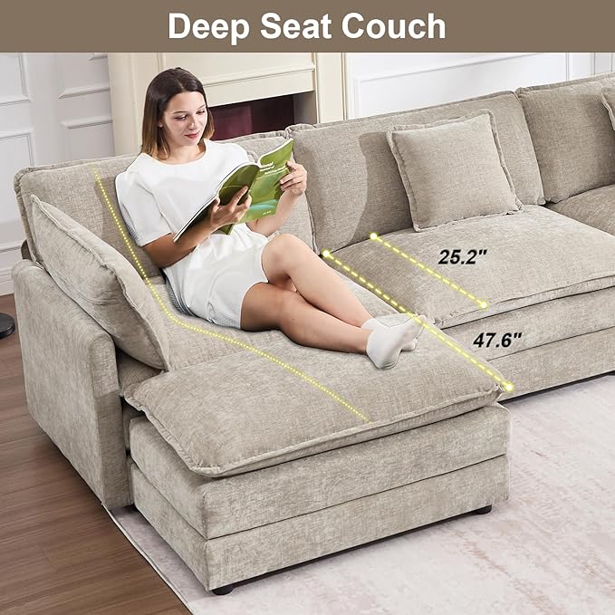 Modular Sectional Sofa with Ottoman, 76.7" Modern L Shaped Sectionals Cloud Couch, Comfy Couch Loveseat, 3 Seat Chenille Deep Seat Sofa with Pillow for Living Room,Bedroom Apartment,Small Spaces-Camel