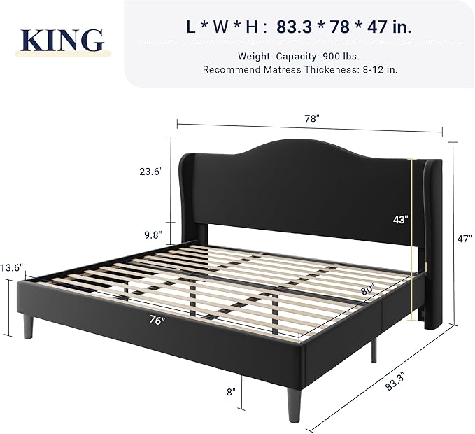 Allewie King Size Bed Frame, Upholstered Wingback Platform with 47" Tall Tufted Headboard, Plush Velvet Fabric, Modern Minimalist Design, No Box Spring Required, Tool-Free Assembly, Black