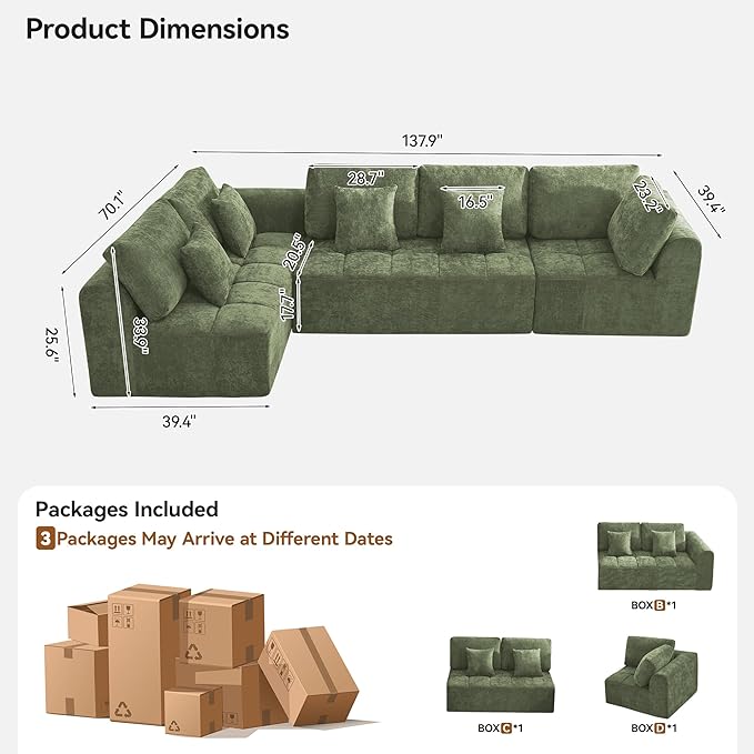 140''Modular Sectional Couches for Living Room, Cloud Boneless Compressed Sectional Sofa, Oversized L Shaped 5 Seater Upholstered Memory Foam Sofa, No Assembly, Chenille Green