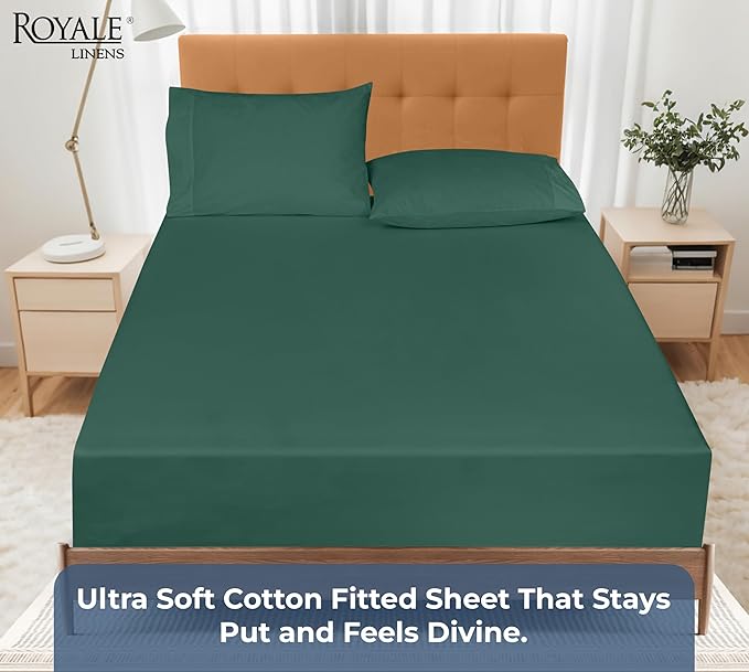 Royale Linens 100% Organic Cotton Fitted Sheet - Percale Weave - Super Soft Deep Pocket Bottom Sheets- Elastic Sheet King Cal Size -California King Fitted Sheets Only -(72"x84"+15", Hunter Green)