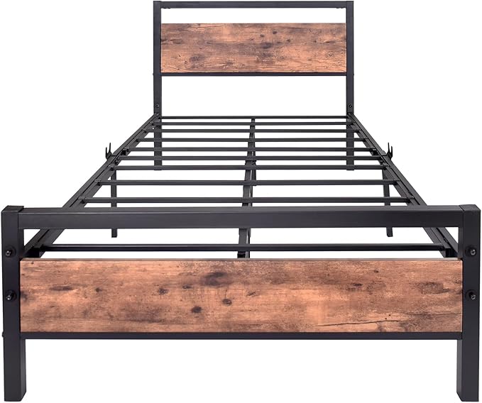 BOFENG Twin Size Bed Frame with Vintage Wood Headboard Farmhouse Bed,Heavy Duty Metal Platform Bed Frames No Box Spring Needed,Firm Mattress Foundation Steel Slat Support Easy Assembly(Brown)