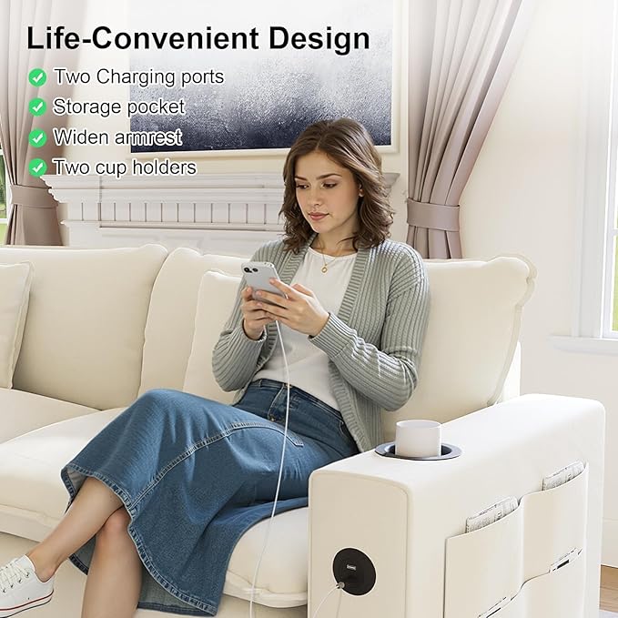 116" Modular Sectional Sofa, L Shaped Cloud Couch with Movable Ottoman, Chenille Deep Seat Cloud Sofa with Charging Station, Cup Holder, Side Pocket, Sectional Couches for Living Room, Beige