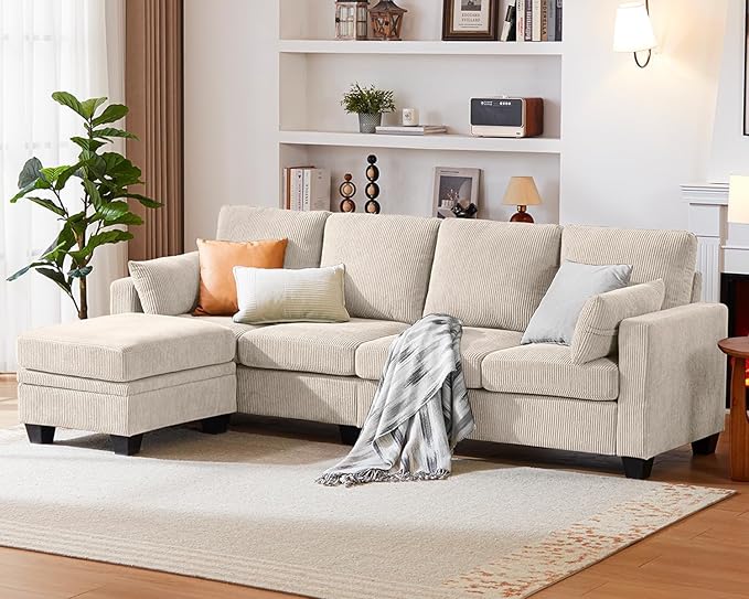 CHIC HOUSE Modular Sectional Sofa with Storage Ottomans, Corduroy Cloud Couch for Small Spaces & Apartments, Reconfigurable L/U Shaped Convertible Corner Sofa, Beige, 5 Seater Sectional