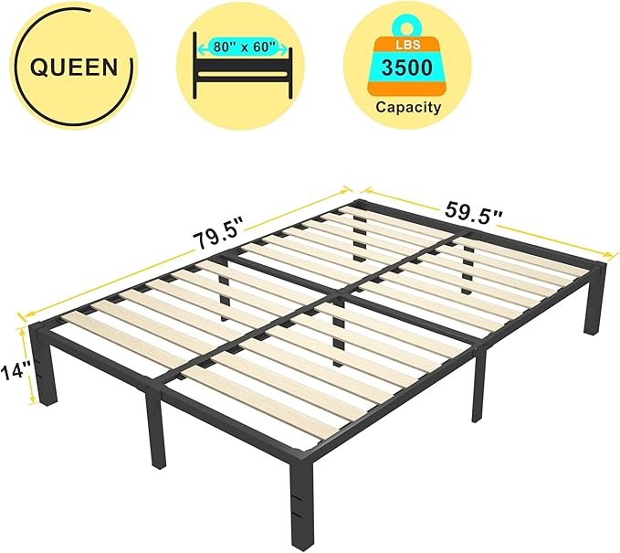 ROIL 14 inch Queen Size Bed Frame with Wood Slats - 3500lbs Heavy Duty No Box Spring Needed Platform, Mattress Stoppers Double Metal Noise Free Bedframe with Headboard Hole