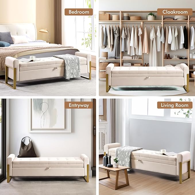 67" End of Bed Storage Bench King Size, Bench for Bedroom Foot of Bed, Upholstered Velvet Storage Ottoman with Gold Legs for Window Living Room, Beige