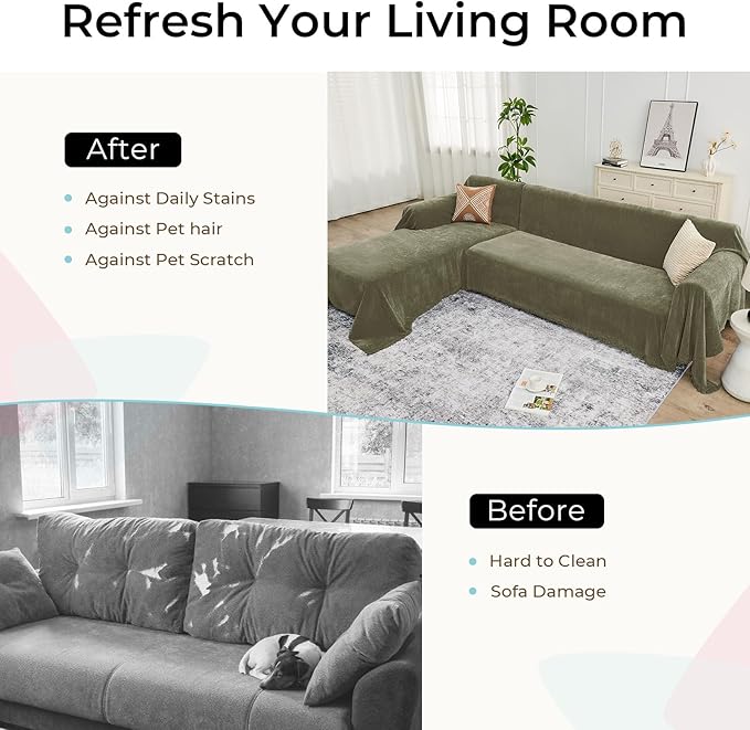 Sectional Couch Covers, 2 Pieces Chenille Sofa Cover L Shaped Couch Cover Blanket for Dogs Washable Sofa Slipcovers Pet Furniture Protector (X-Large: 71" x 110" + 71" x 118", Sage Green)