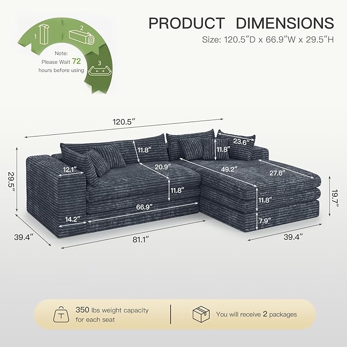 Belffin Boneless Cloud L Shaped Couch with Deep Seat Plush Corduroy Boneless Modular Cloud Sectional Couches for Living Room. Right Facing Chaise. Grey Sofa