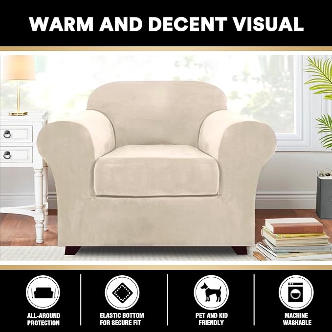 PrinceDeco Velvet Plush Couch Cover Stretch 2 Piece Chair Cover Chair Slipcover Washable Furniture Protector Couch Soft with Elastic Bottom Armchair Cover Width Up to 49 Inch(Small, Ivory)