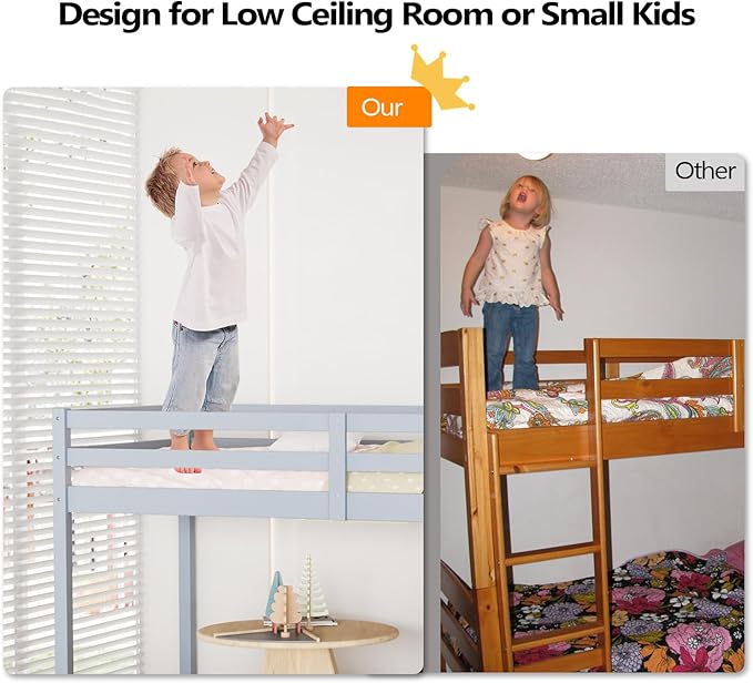 VINGLI 47'' Tall Junior Low Loft Bed with Stairs, Wood Loft Bed Twin Size for Adults, Kids and Young Teens, No Box Spring Required,Wood Slat Support, Gray