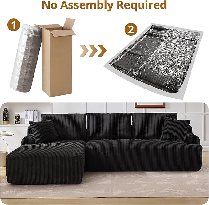 Sectional Cloud Boneless Couch 106" Modern Comfy L-Shape Corner No Assembly Required Convertible Compression Sleeper Modular Sofa with Corduroy Fabric Deep Seat Loveseat + Chaise for Living Room