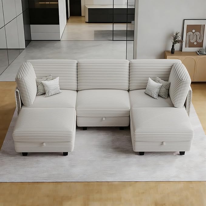 Modular Sectional Sofa with Adjustable Backrest,Large Convertible L/U-Shaped Sleeper Couch for Living Room,Cloud Sofa Bed Modern Reversible Design, Beige