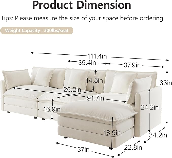 mikibama Modular Sectional Sofa, 111.5 Inch L Shaped Couch Set for Living Room, 3-Seater Comfy Cloud Couches with Movable Ottoman, DIY Combination, Chenille, Beige