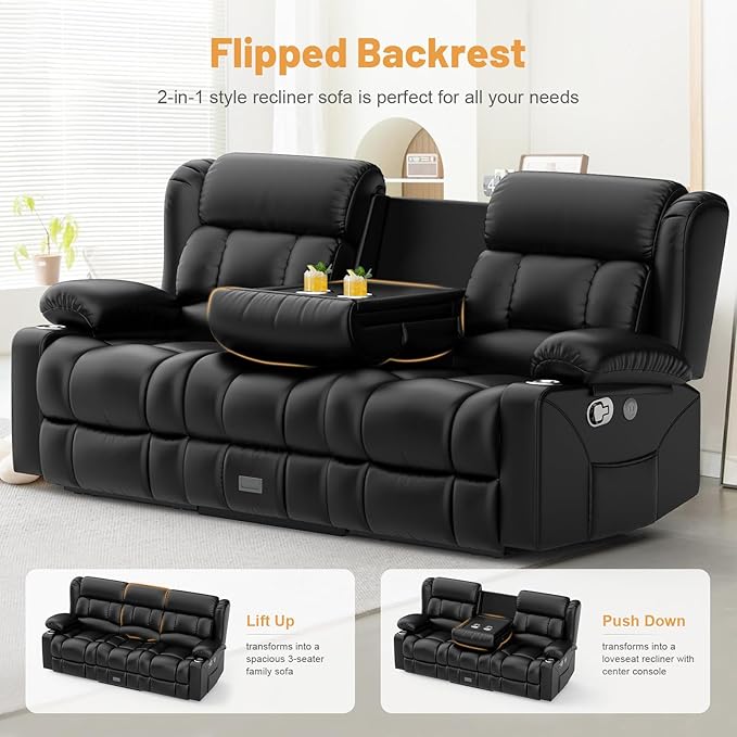 Loveseat Recliner Sofa Set, Flip Middle Backrest Design PU Leather 3 Seater Reclining Sofa and Single Oversized Recliner Chair, Manual Couches for Living Room (Black, PU 3+1)