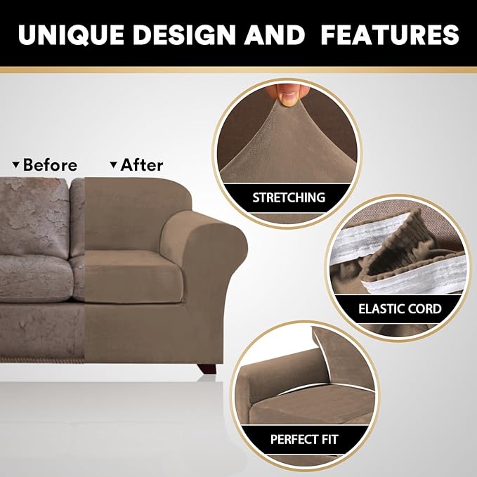 PrinceDeco Velvet Plush Couch Cover Stretch 2 Piece Chair Cover Chair Slipcover Washable Furniture Protector Couch Soft with Elastic Bottom Armchair Cover Width Up to 49 Inch(Small, Mocha)
