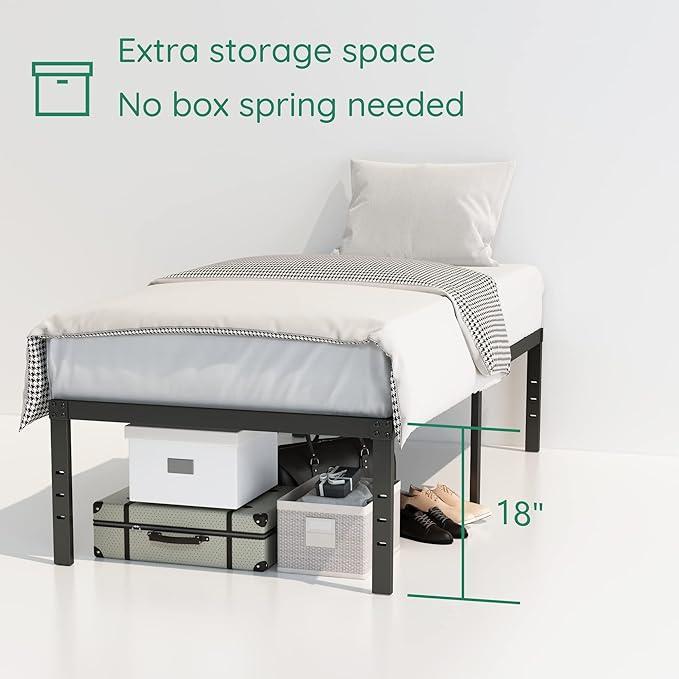 DiaOutro 18 Inch Twin XL Bed Frame Heavy Duty No Box Spring Needed Metal Platform with Maximum Storage, Easy to Assembly, Noise Free, Black