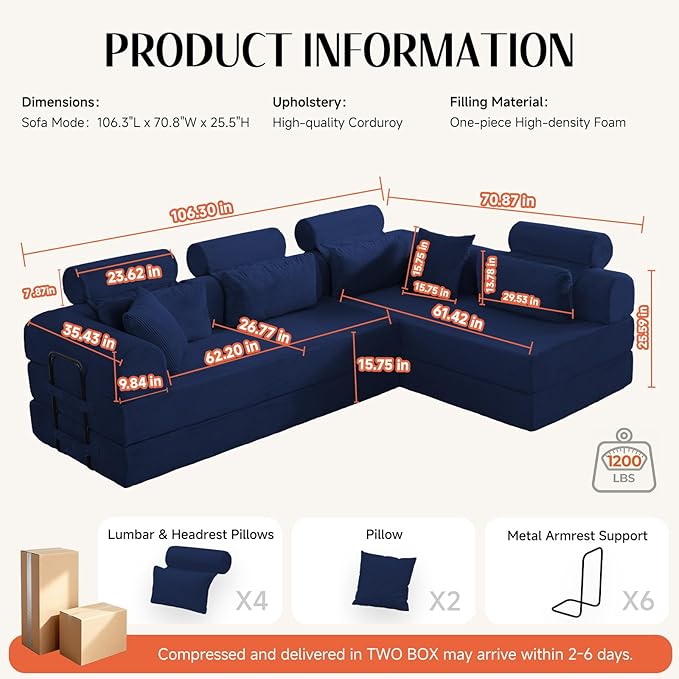 106" L-Shaped Modular Boneless Couch, 2-Piece System (2×70.87"), Convertible Sectional to 141.7" Straight Sofa, Corduroy Couch in a Box, Headrest & Back Pillows for Living Room, Navy Blue