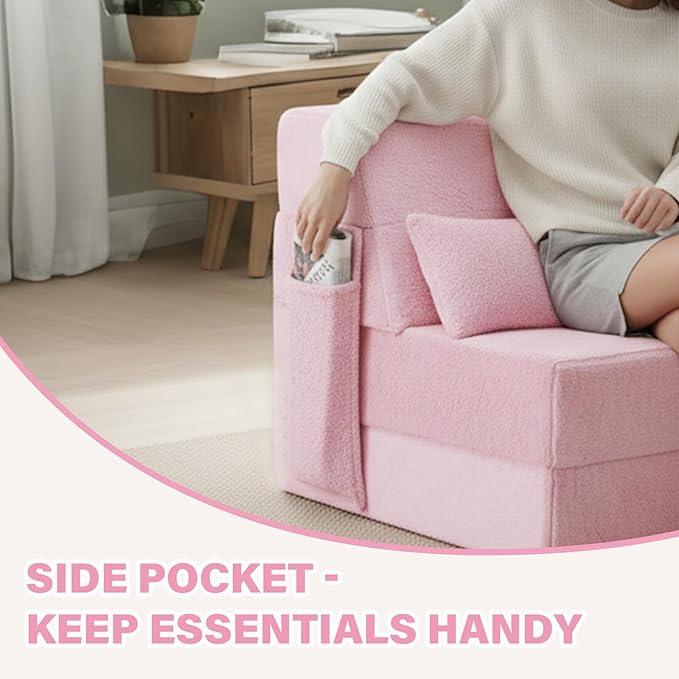 Tiita Convertible Folding Sofa Bed Twin Size for Adults with Pillow, Plush Fabric Floor Mattress Couch Bed, Washable Cover & Side Pocket, Guest Room, Dorm, Apartment, Living Room, Pink